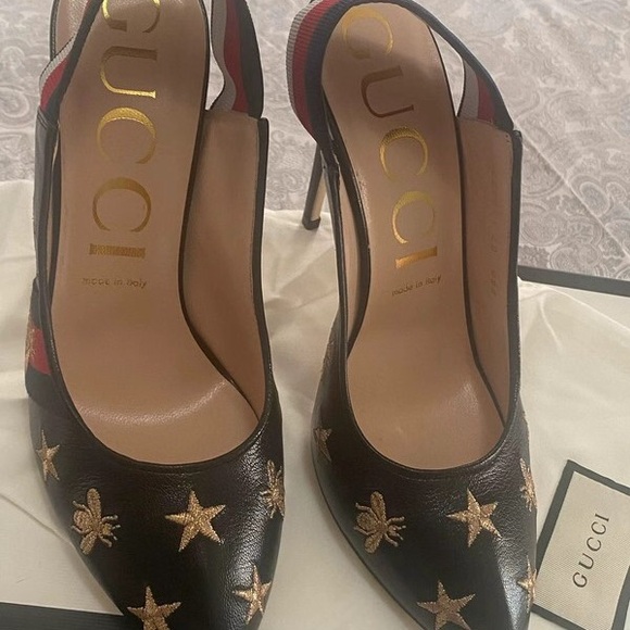 Gucci Black Leather Heels with Gold Embroidery - Picture 1 of 3